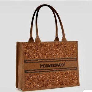 Montana West Brown Tooled Leather Tote Bag